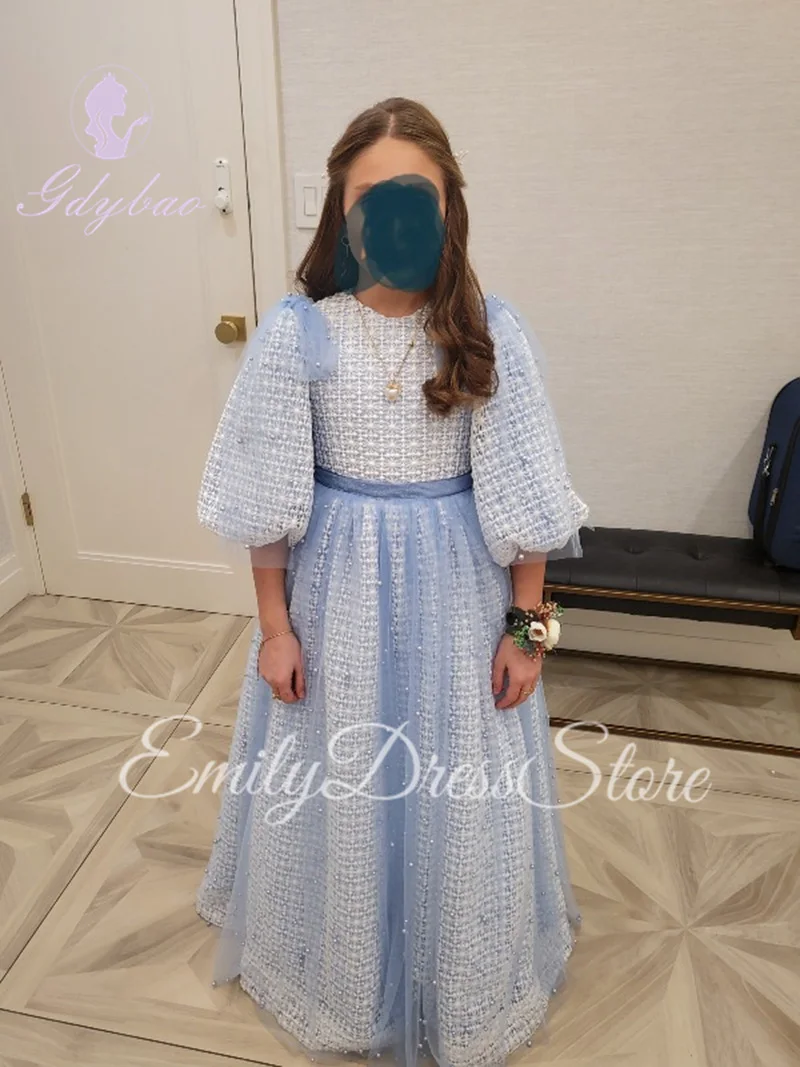 Sister of Bride Custom Lace Flower Girl Dress For Wedding Pearls Tulle High Waist Special Occasion Kids Birthday Ball Teen Gown