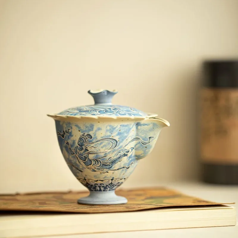 Dunhuang Feitian Blue Flower Huoshi Red Kiln-Transformed Teapot Hand-grab Teapot, Vintage Teapot Home Jingdezhen Ceramic Tea Set