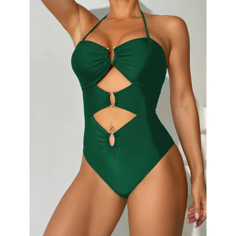 Strój kąpielowy jednoczęściowy 2025, wiązany na szyi, z wycięciami, seksowny, obcisły, jednolity kolor, bikini.