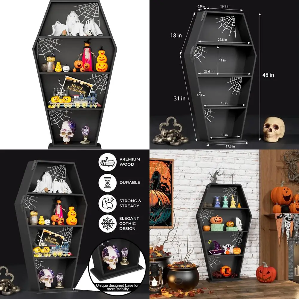

Wooden 48-Inch Tall Gothic Coffin-Style Bookshelf with Spider Web and Black Decorative Elements for Home Display