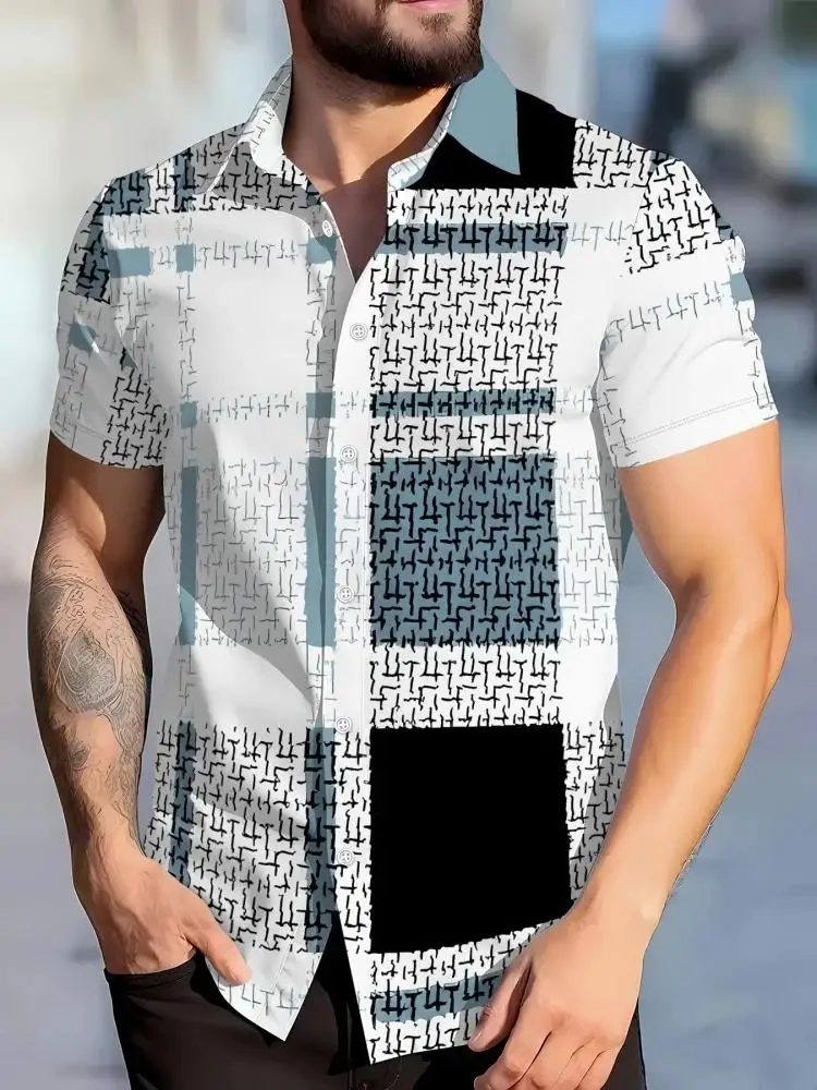 New Fashion Colorful Patchwork Geometric Pattern Men Shirt Summer Short Sleeve Tops Harajuku Casual Vacation Holiday Men Shirts