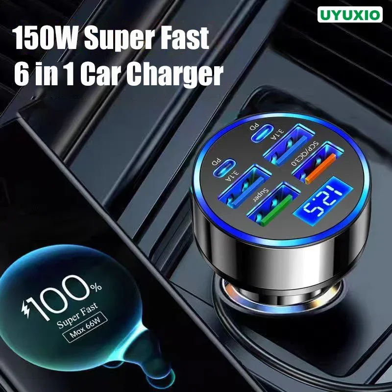 UYUXIO USB C Car Phone Charger Adapter 6 in 1 Dual PD Super Fast Charge in Car with Voltage Display for iPhone Samsung OPPO