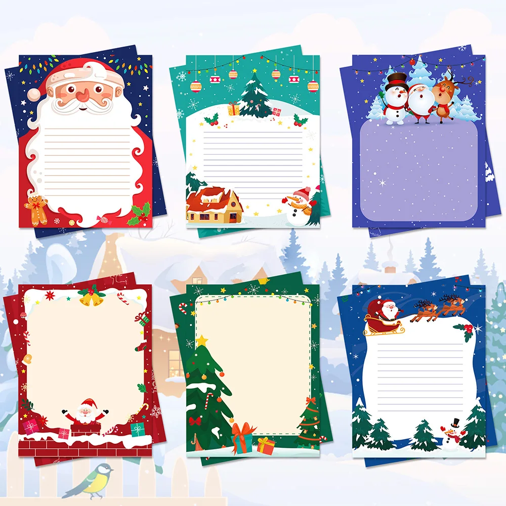 30Pcs A4 Christmas Letter Paper DIY Invitation Greeting Card Cartoon Santa Claus Snowman Letter Pad Gift Envelopes Xmas Party