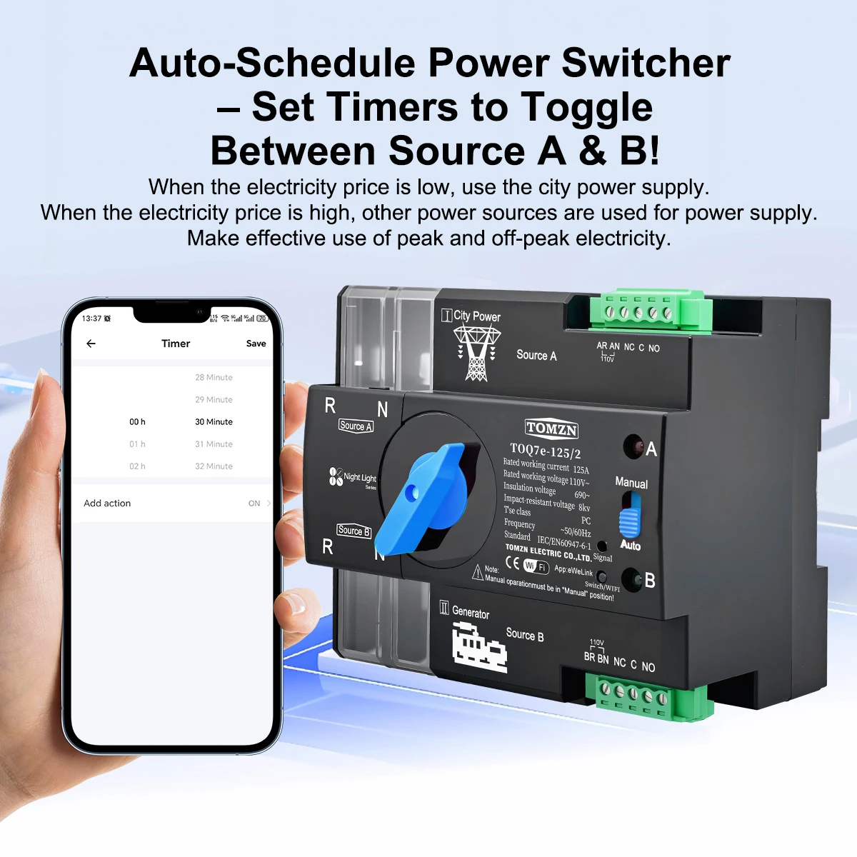 TOMZN 2P WiFi Smart ATS Dual Power Transfer Switch 110/120V 63/100/125A Din Rail EWeLink Uninterrupted Selector