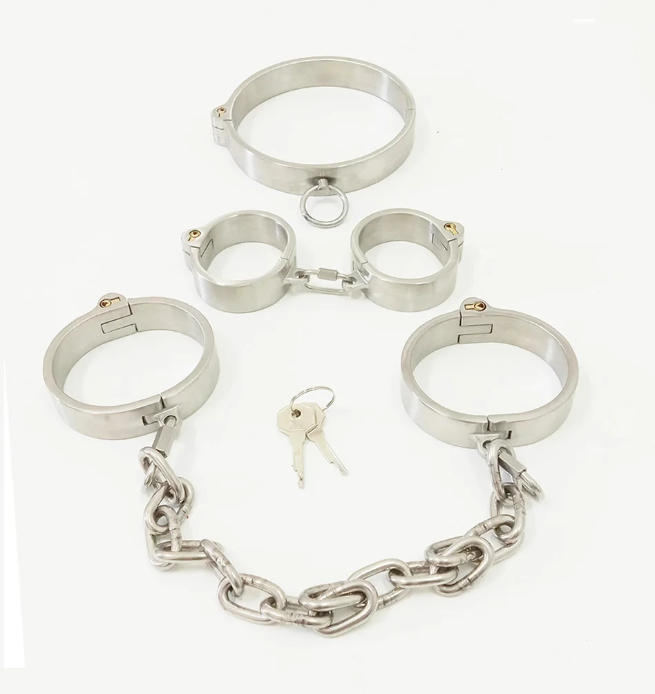 Stainless Steel Restraints BDSM Bondage Metal Neck Collar Hand Ankle Cuffs Set Chain Detachable Adult Games Sex Toys for Couples