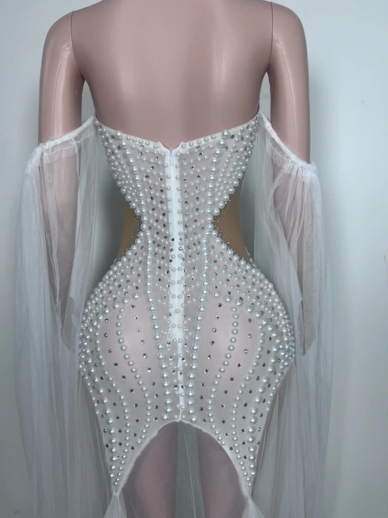 Luxury Birthday Evening Party Dress Elegant Sparkly Rhinestone White Pearl Sexy Strapless Mesh Long Dress Wedding Guest Gowns
