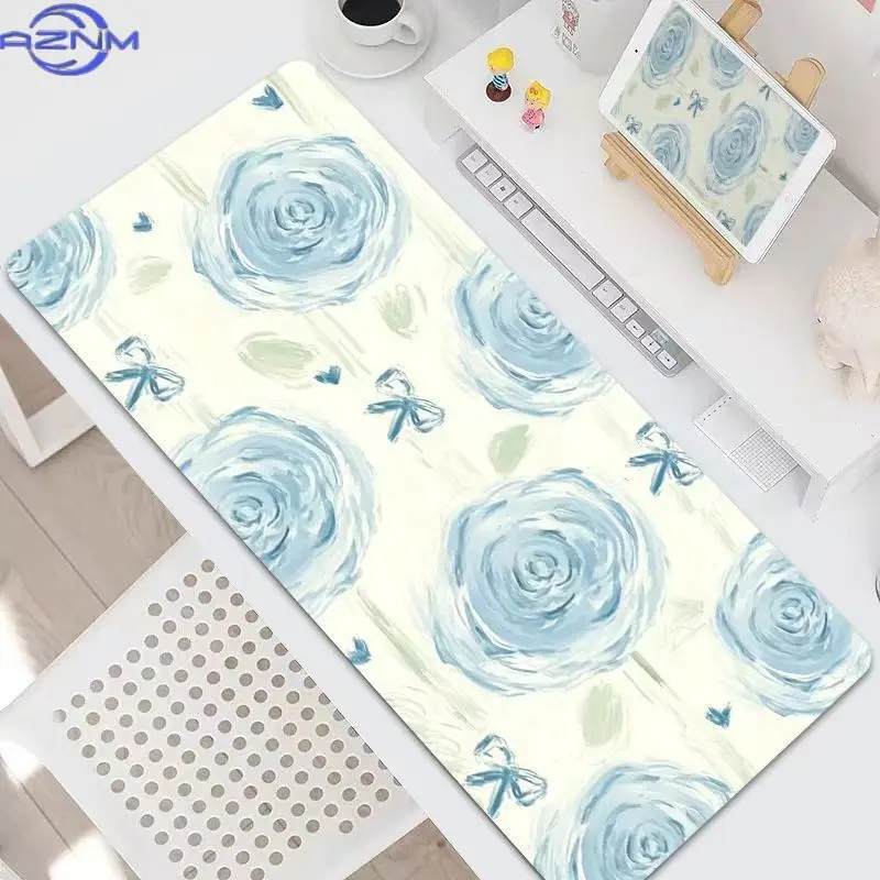 Sweet Blue Rose Heart Pattern Large Desk Mat Floral Art Mouse Pad for Laptop Keyboard Gaming Home Office Desktop Accessories