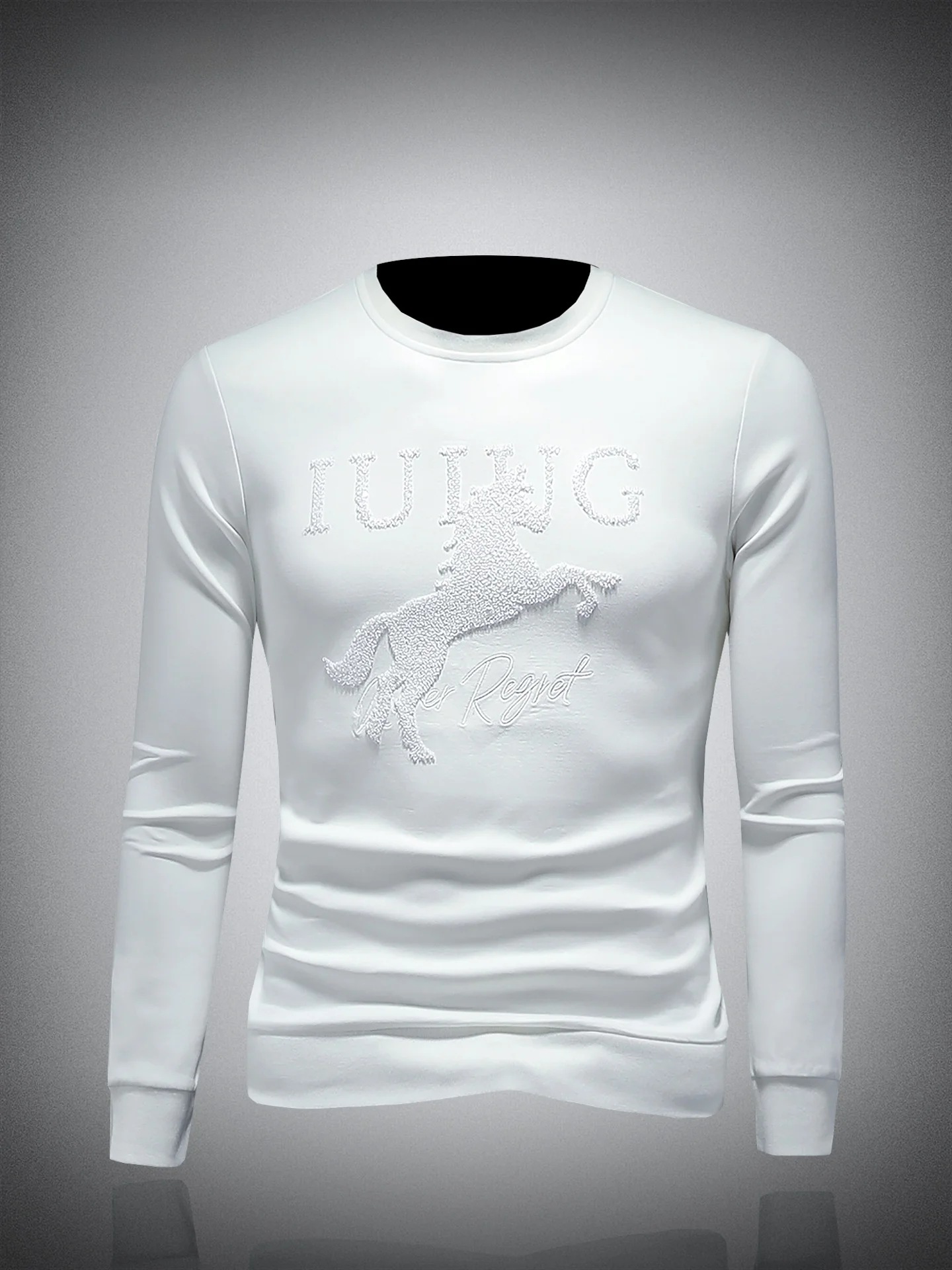 

Новая модная мужская белая футболка с круглым вырезом и вышивкой, приталенная, с длинным рукавом, универсальная, весна-осень, 2025, хлопок/полиэстер