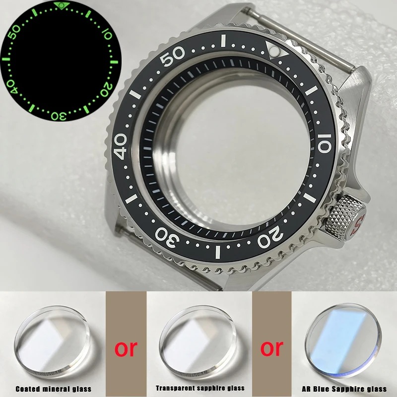 Silver 42mm SKX007 Watch Case Flat Sapphire Glass Fit NH35 NH36 4R 6R Movement Transparent Back Cover 28.5mm Dial Crown at 3.0