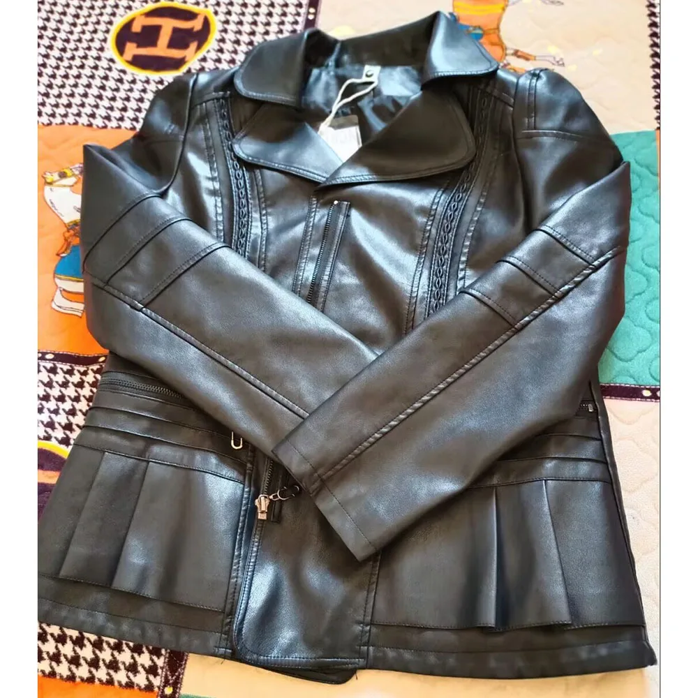 Giacca in pelle da donna di grandi dimensioni Casual con cerniera corta Locomotiva Cappotto in finta pelle PU Giacca a vento per anziani di mezza età 6XL 7XL