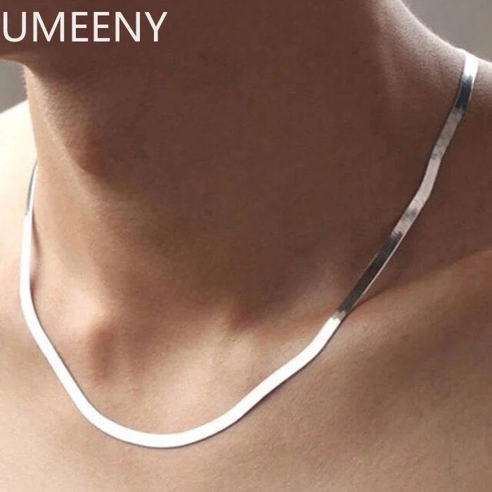 925 Perak Murni 18K Lapis Emas 4MM Kalung Rantai Datar untuk Wanita Perhiasan Mewah Rantai Tulang Selangka Choker Hadiah Pernikahan