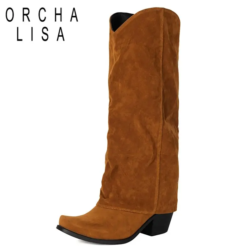 

ORCHA LISA 2025 Модные женские ботинки с квадратным носком и блочным каблуком 6 см, замшевые слипоны из флока, большой размер 41 42 43 Сексуальные свидания до колена Bota