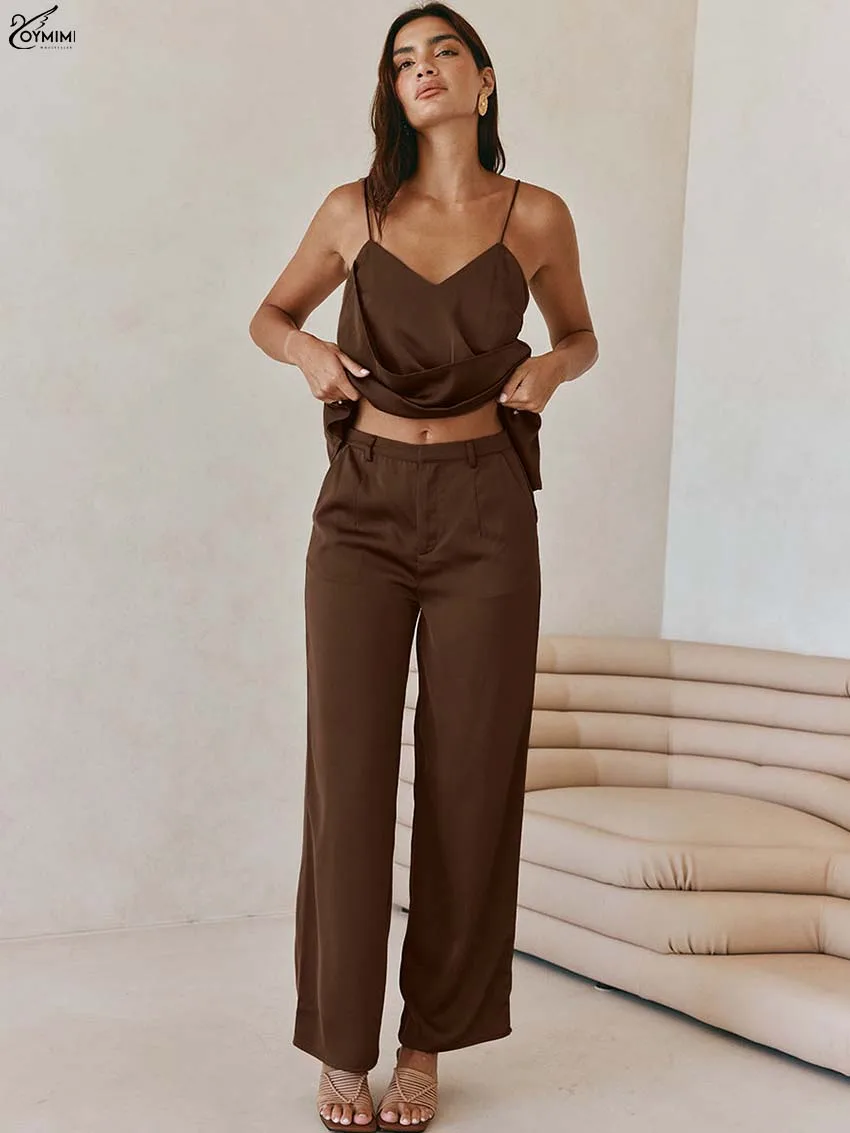 

Oymimi Fashion Brown 2 Pieces Set For Woman Casual Spaghetti Strap Open Back Tops And Straight Zipper Pockets Trousers Sets