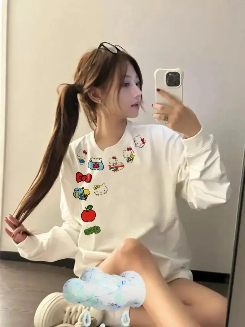 

Sanrio Hello Kitty Print Long Sleeve Anime Cute Simple Bottoming T-shirt Women Sweet Loose Pure Cotton White Flesh-covering Top
