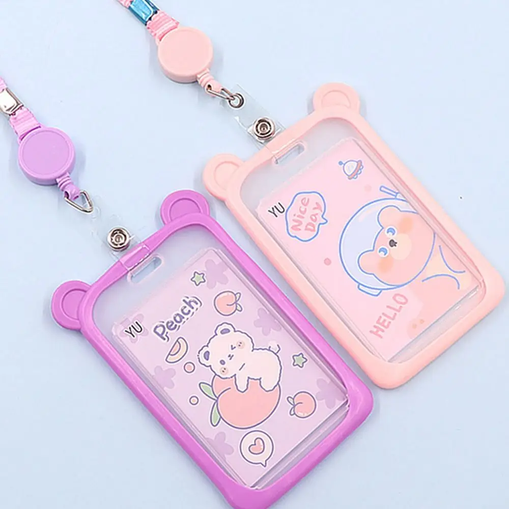 Cartoon Bear Card Holder Bank Identity Bus ID Card Sleeve Case con retrattile Reel Lanyard Plastic Silicone Credit Cover