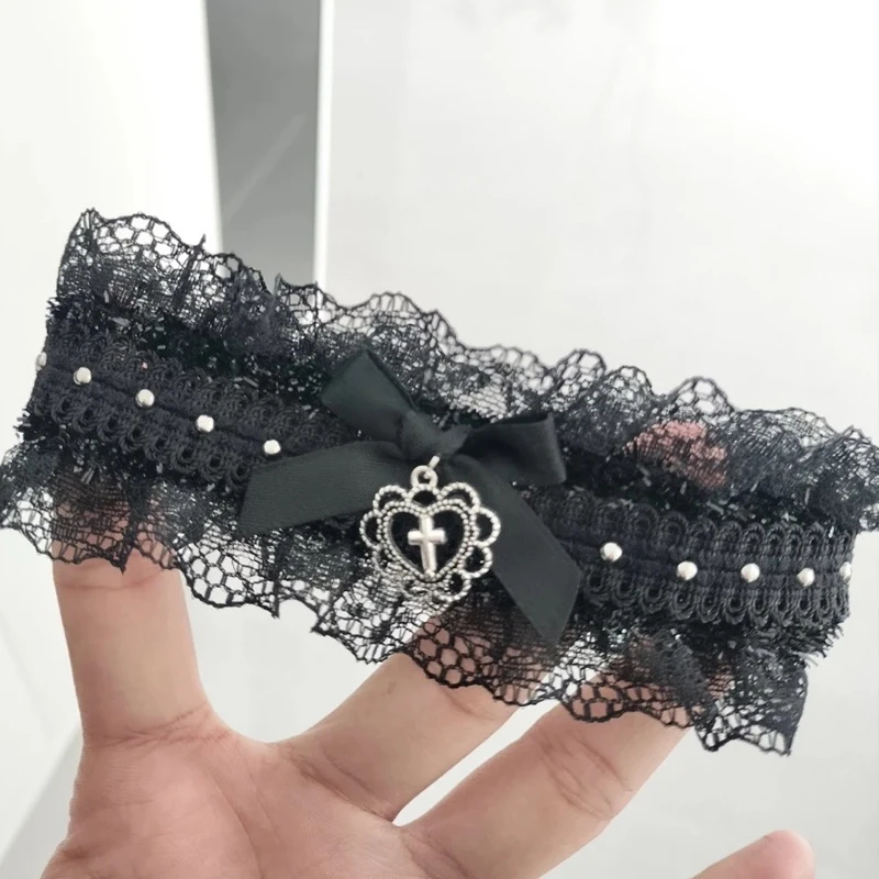Punk Lolita  Bow Cross Heart Choker Necklace Gothic Black White Lace Necklace Vintage Y2K Elastic Girls Cosplay Collar Jewelry