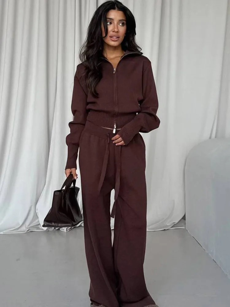 Zipper Knitted Cardigan Trousers Set Women Brown Casual Full Sleeve Coat High Waist Pants 2-piece Sets 2025 Daily Commute Outfit