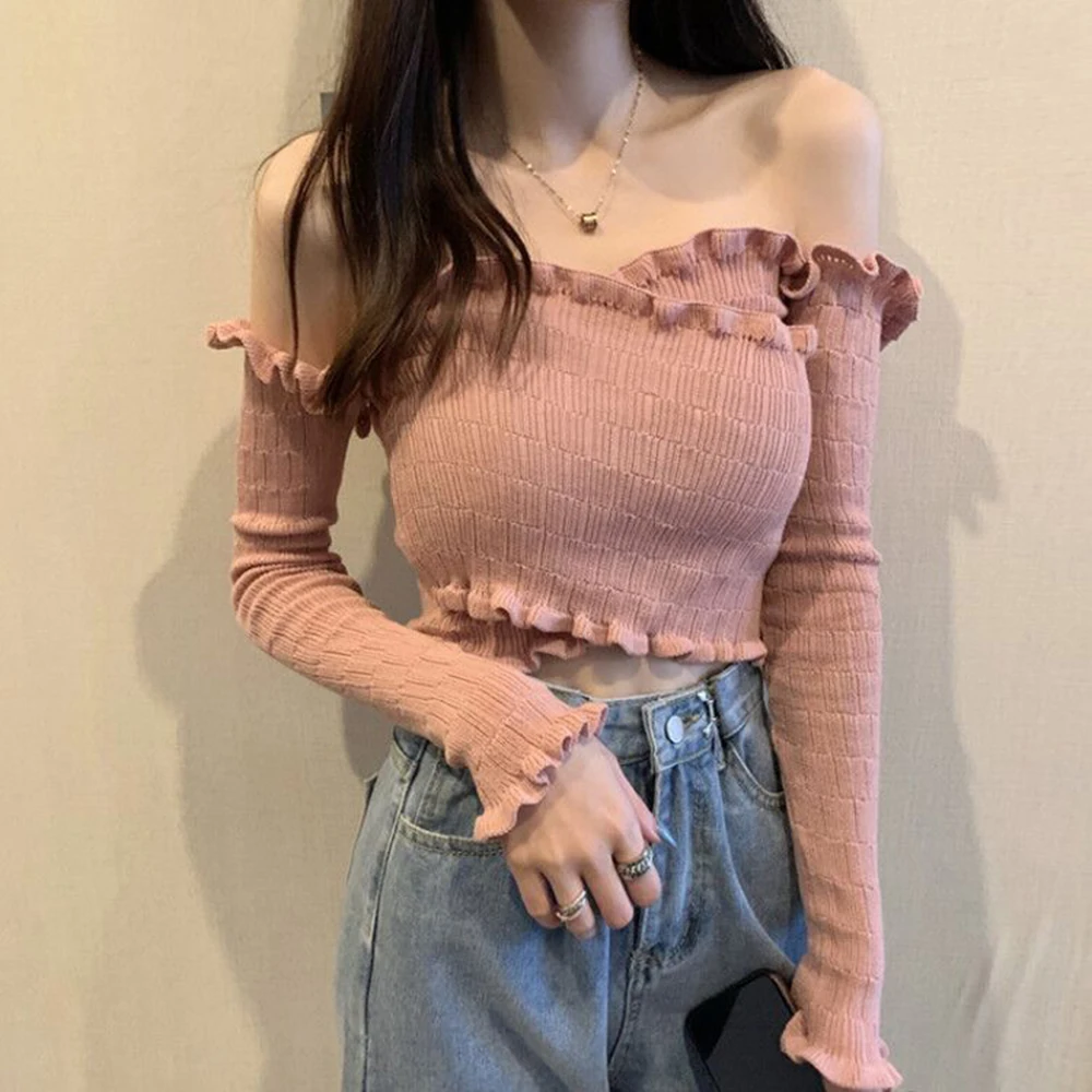 Women Sweet Knit Sweater 2024 New Spring Autumn Sexy Off Shoulder Ruffles Edge Long Sleeved Pullover Elastic Thin Short Top