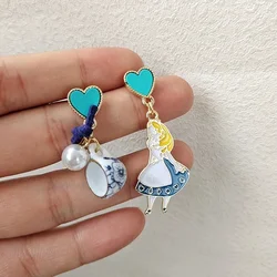 Carton Fairy Tale Princess Alice Asymmetry Earrings Imitation Pearl Blue Heart Dangle Earrings Cute Girls Enamel Earrings