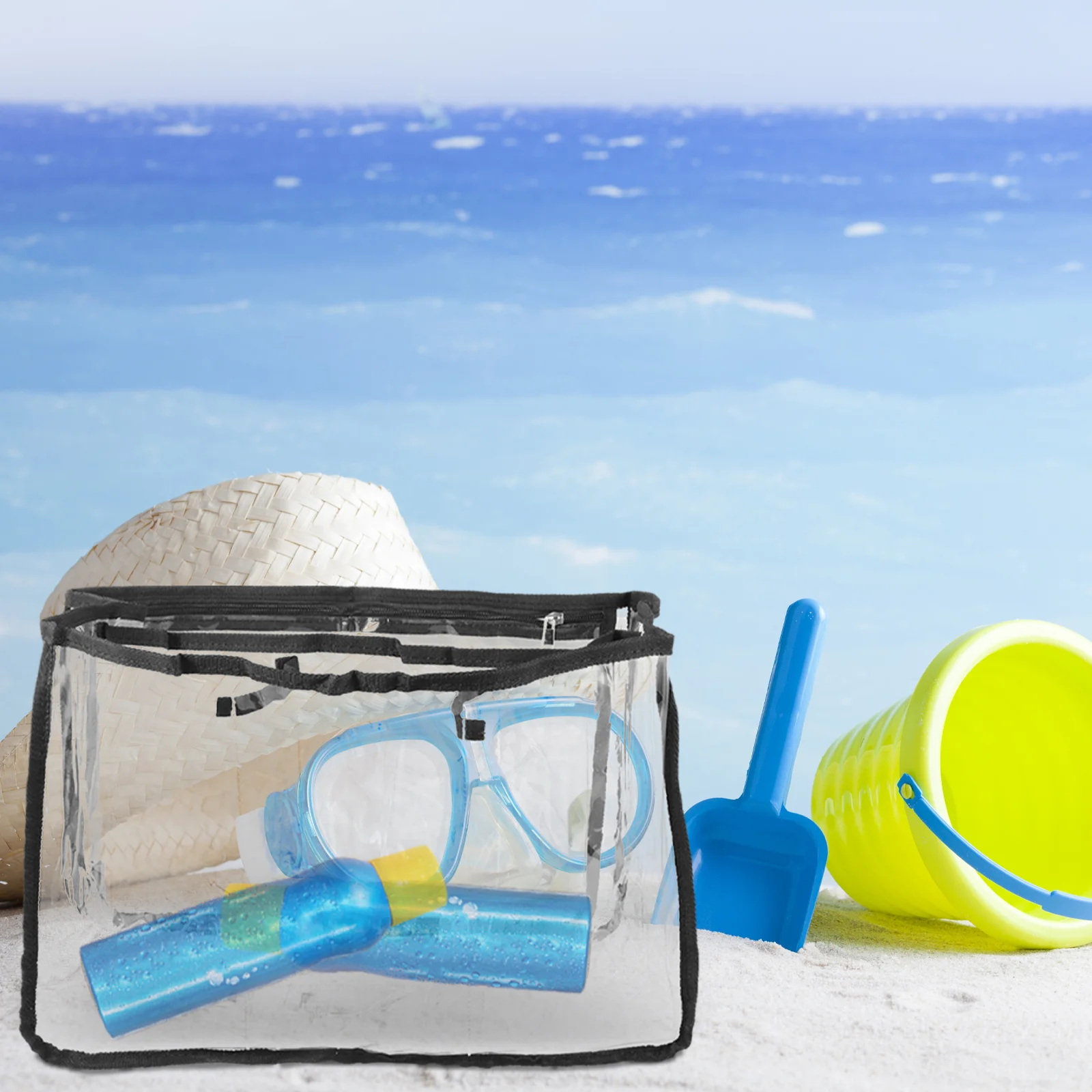 حقيبة شاطئ شفافة مع مقبض مقاوم للماء وخفيف الوزن للسفر وحمام السباحة للاستخدام اليومي والمقصورات للمناشف وأحمر الشفاه