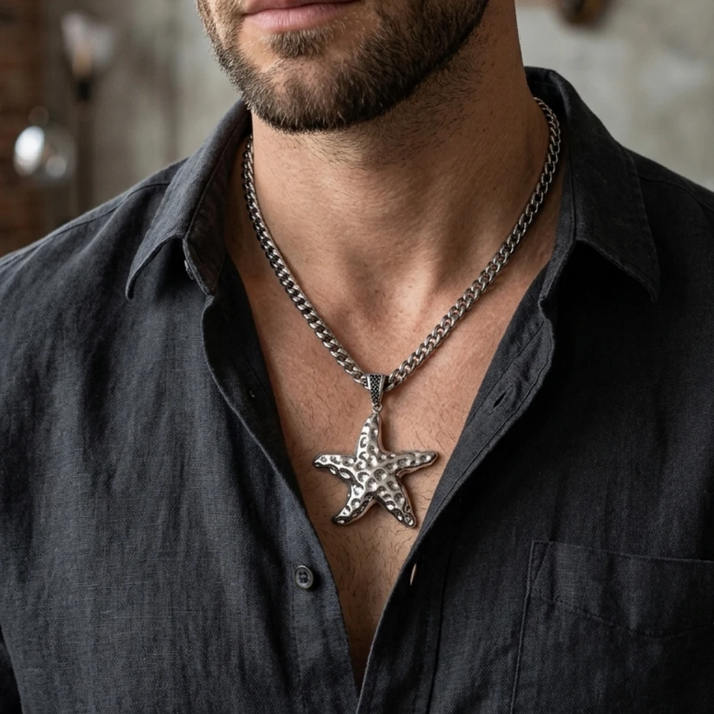 Men's Large 51MM Stainless Steel Starfish Pendant Antique Silver Vintage Sea Star Charm Hip Hop Punk Biker Necklace Jewelry