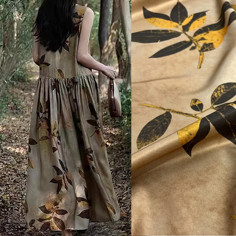 

140CM Wide 20MM Leaves on Light Brown Printed Twill Silk Fabric for Summer Pants Blouse Dress-Stretch Silk Fabric D1521