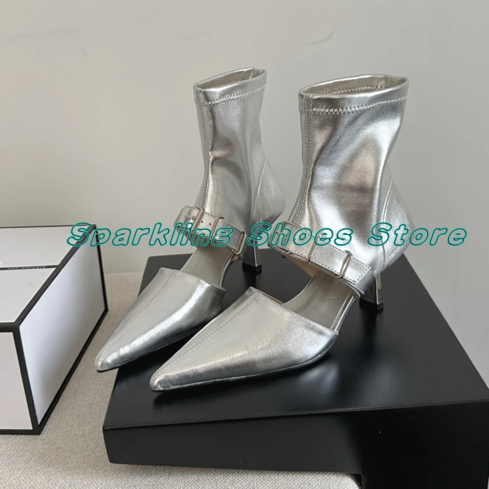 Sumetime Silver Pointed Toe Sandals Mental Zip High Thin Heels Cover Heels One Strap Hallow Out Women Fashion Shoes