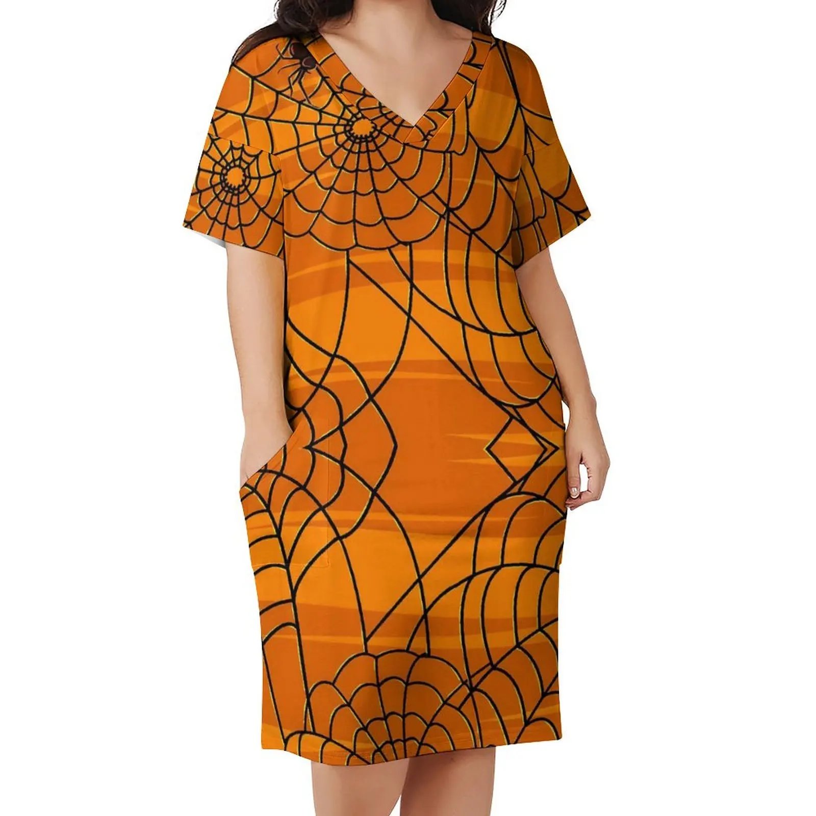 Fun Halloween Casual Dress Female Black and Orange Spider Web Cute Dresses Holiday V Neck Aesthetic Printed Dress Big Size