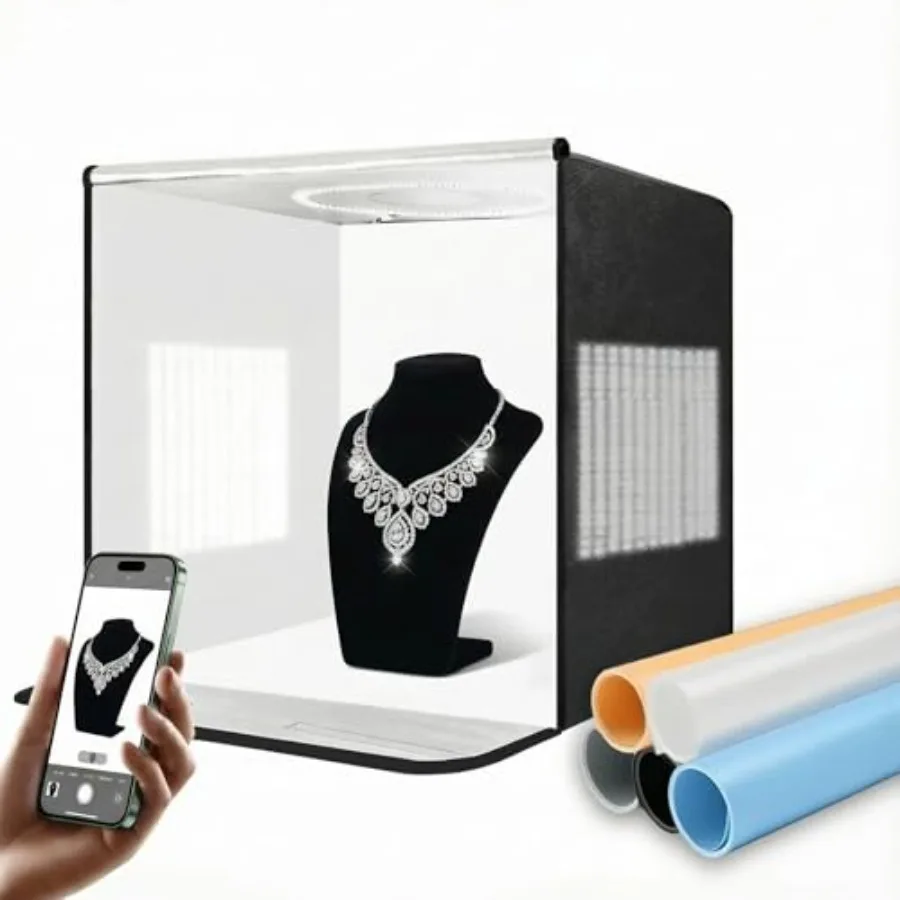 

Pro 16"x16" Photo Studio Light Box 3-Side Light Panel/3-Temp/Dimmable 10%-100%/CRI95+ with 5 PVC Backdrops Portable Softbox for