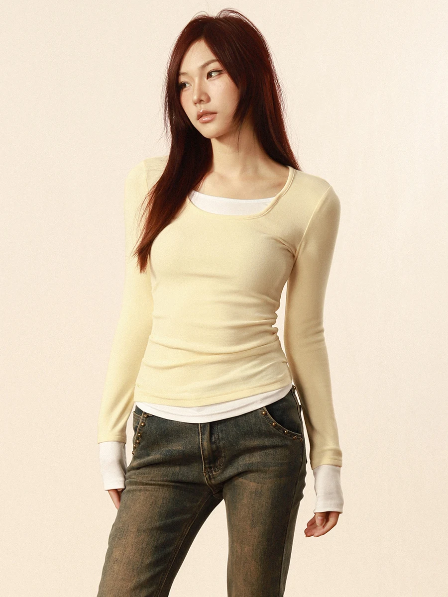 

Slim Fit American Sle Base Layer irt Women's Spring New Basic round Ne Fake Two-Piece Slimming Top Street Sle Long Sl...