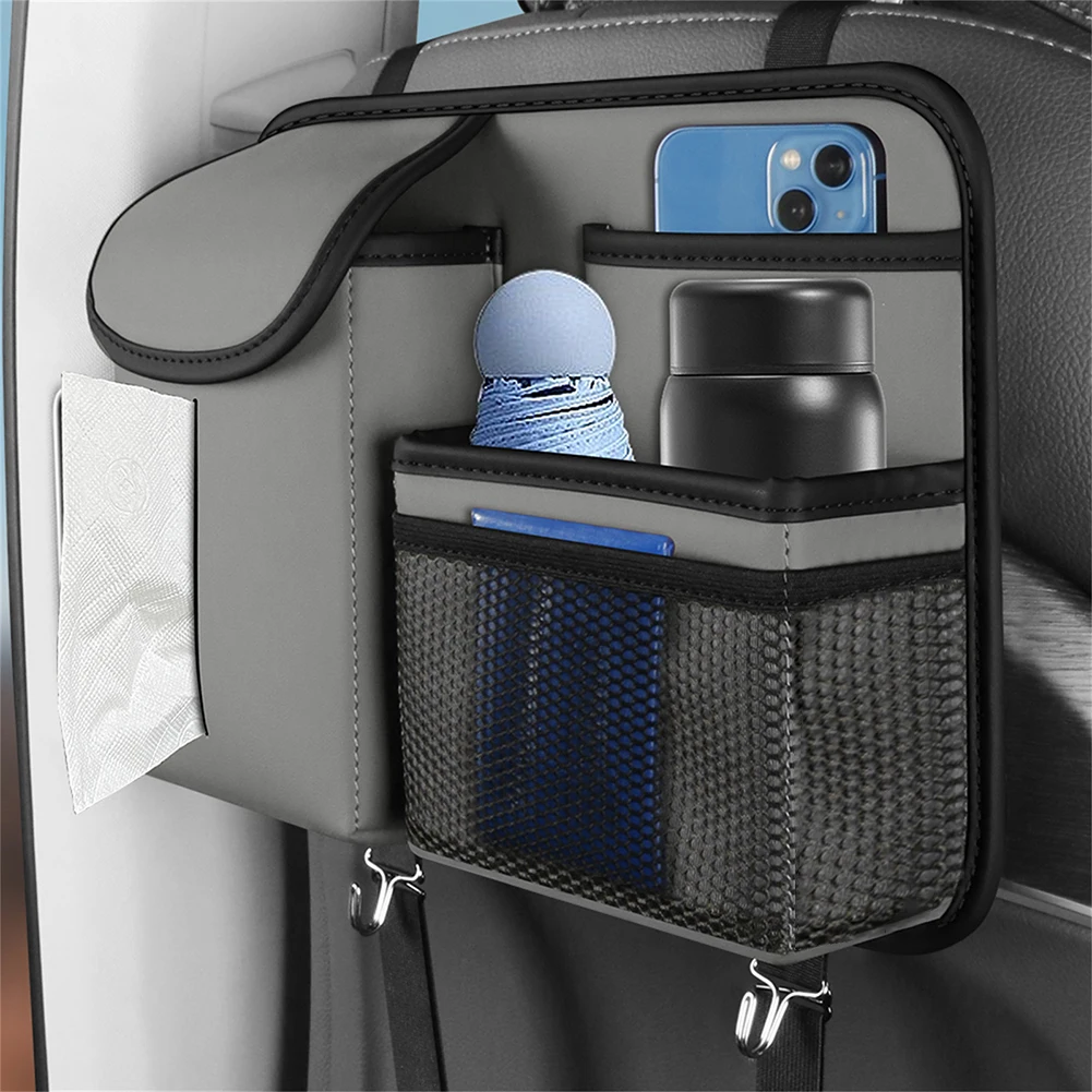 

Black Car Seat Back Storage Bag Backseat Organizer Multifunctional with Hooks Hanger for Tissue Phone Water Drinks Handbag