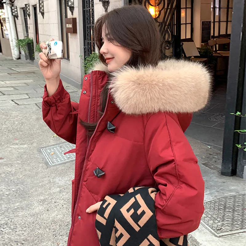 Dames parka's katoenen gewatteerde jas lange jas bontkraag met capuchon enkele rij knopen dikke winddichte puffer bovenkleding winterjas