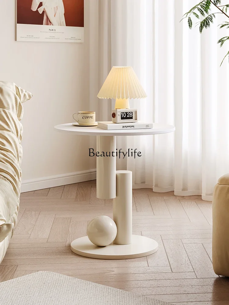 FG28Cream نمط لوحة حجرية طاولة جانبية منزلية صغيرة شقة غرفة المعيشة طاولة جانبية السرير طاولة مستديرة صغيرة #4