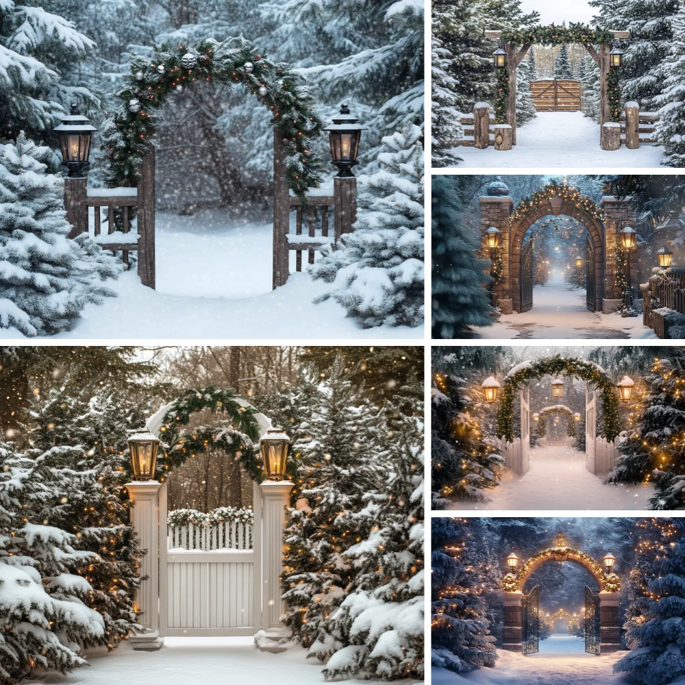 

Winter Christmas Photography Background Wonderland Arch Door Lantern Xmas Flowers Forest Backdrop Girl Snowflake Photo Studio
