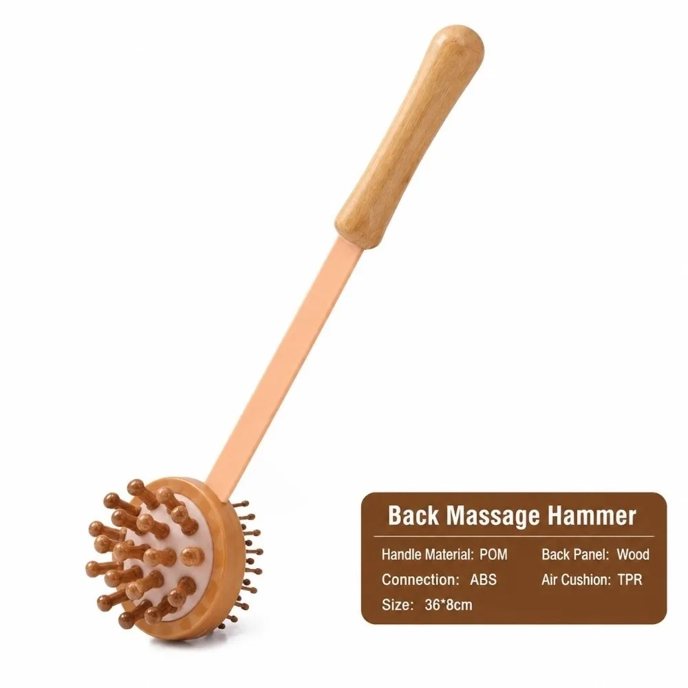 Double Sided Head Hand Massage Hammer Long Grip Wooden Handle Body Tapping Stick Bead Nodule Light Weight Handheld Massage Rod