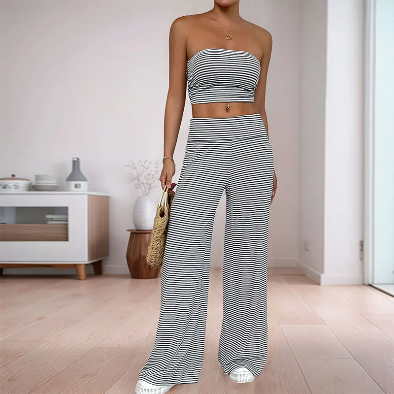 

Summer Casual Sexy Striped Sleeveless Vest Long Pants Set for Women