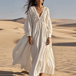 2025 White Sexy Hollow V Neck Bohemian Beach Long Dresses Women Spring Summer Simple Casual Loose Long Sleeved A-line Maxi Dress