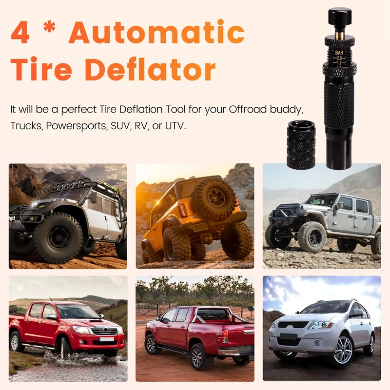 Automatic Tire Deflator,10-30 PSI/0.7-2 BAR Adjustable Tire Deflator Kit,Air Down Tire Deflators Offroad Accessories