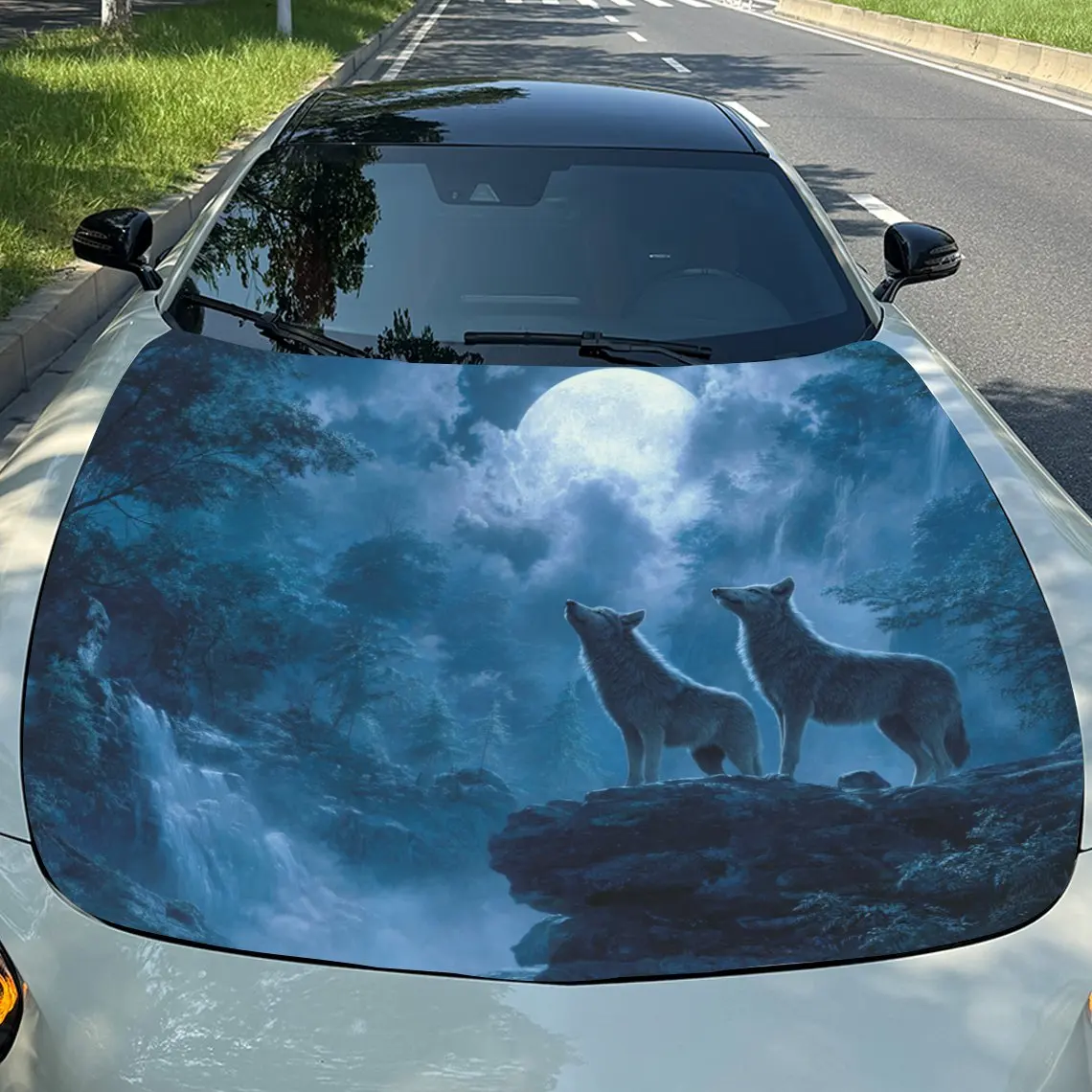

Twin Wolves Watching The Moon Hood Decal - Scratch , Weather PVC, Easy To Stick, Adding Bold Design To Your Appearance, Decals A