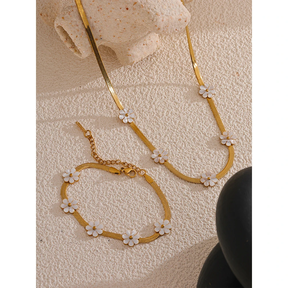 Yhpup Fashion Trendy Style Imitation Shell Flower Chain Necklace Bracelet Cheap Set Trendy Stainless Steel Popular Jewelry