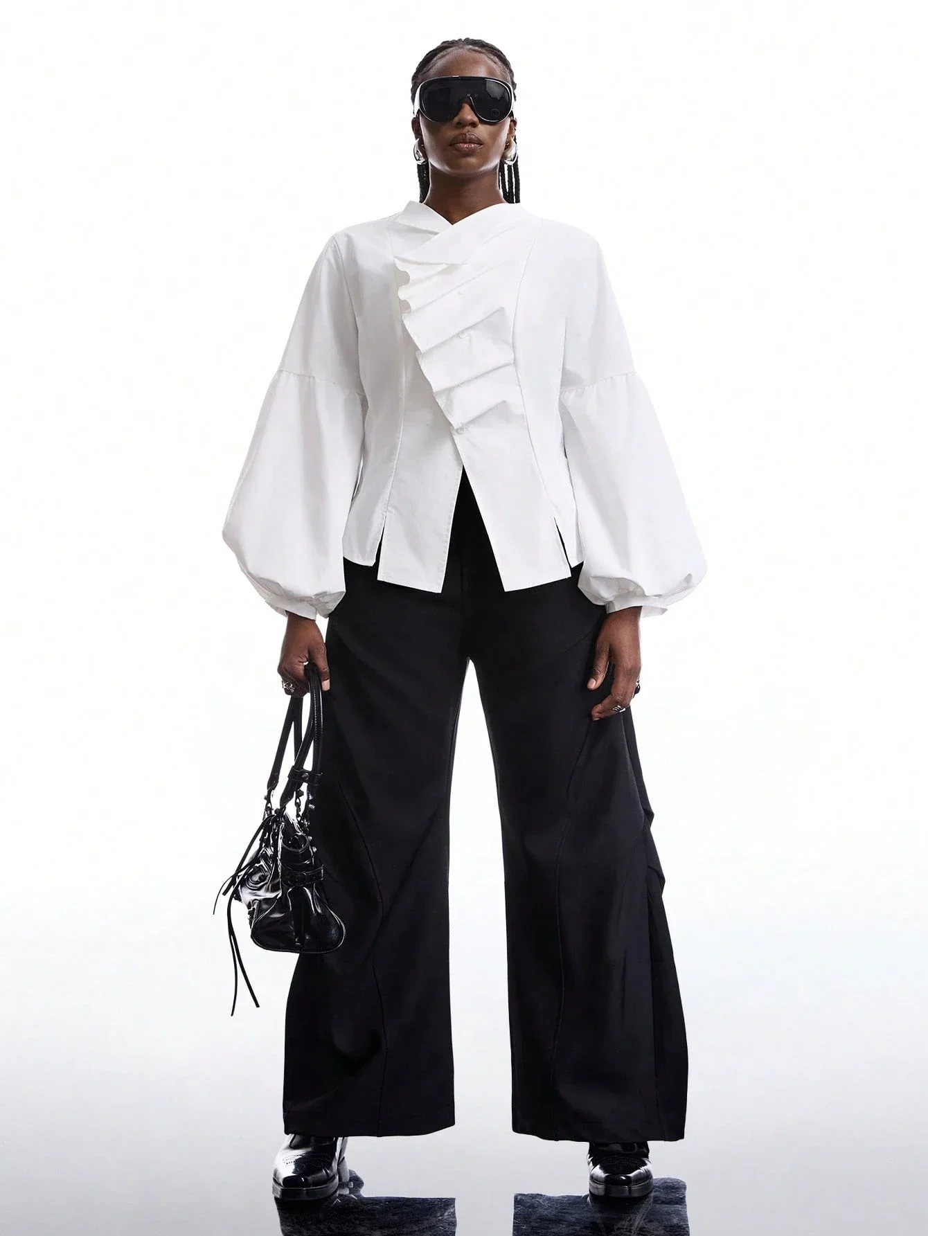 

Элегантная белая блузка с рюшами и пышными рукавами, однотонный топ с рукавами-фонариками для женщин