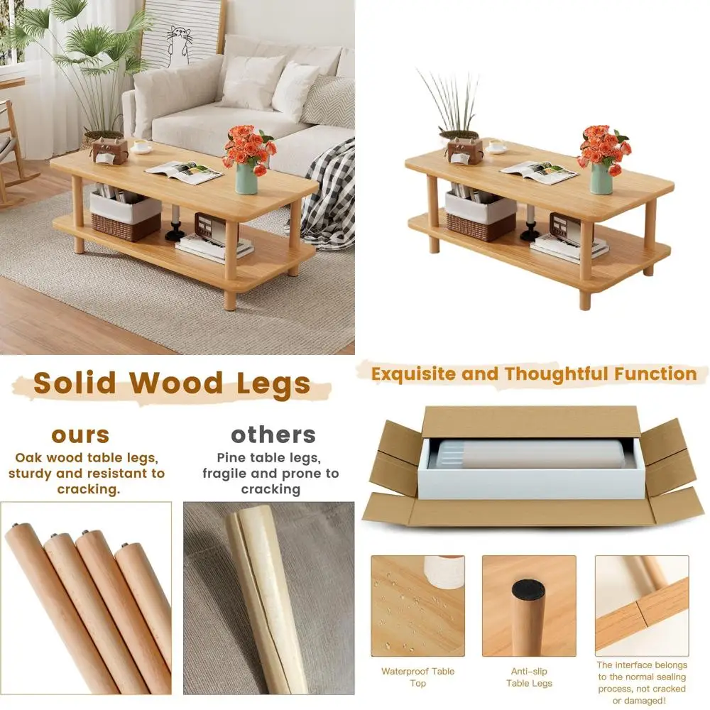 

2-Tier Solid Wood Japanese-Style Coffee Table for Living Room, Natural Finish, Ideal for Sofa Side and Floor Seating, with Stora