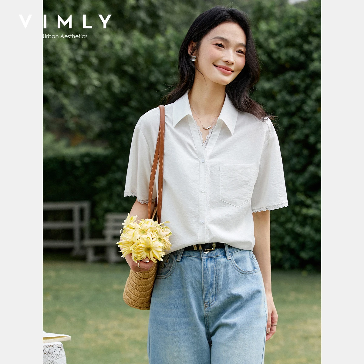 

VIMLY Women's Casual Shirts 2025 Summer White Lace Splicing Short Sleeve French Turn-down Collar Shirt Camiseta Mujer A1199