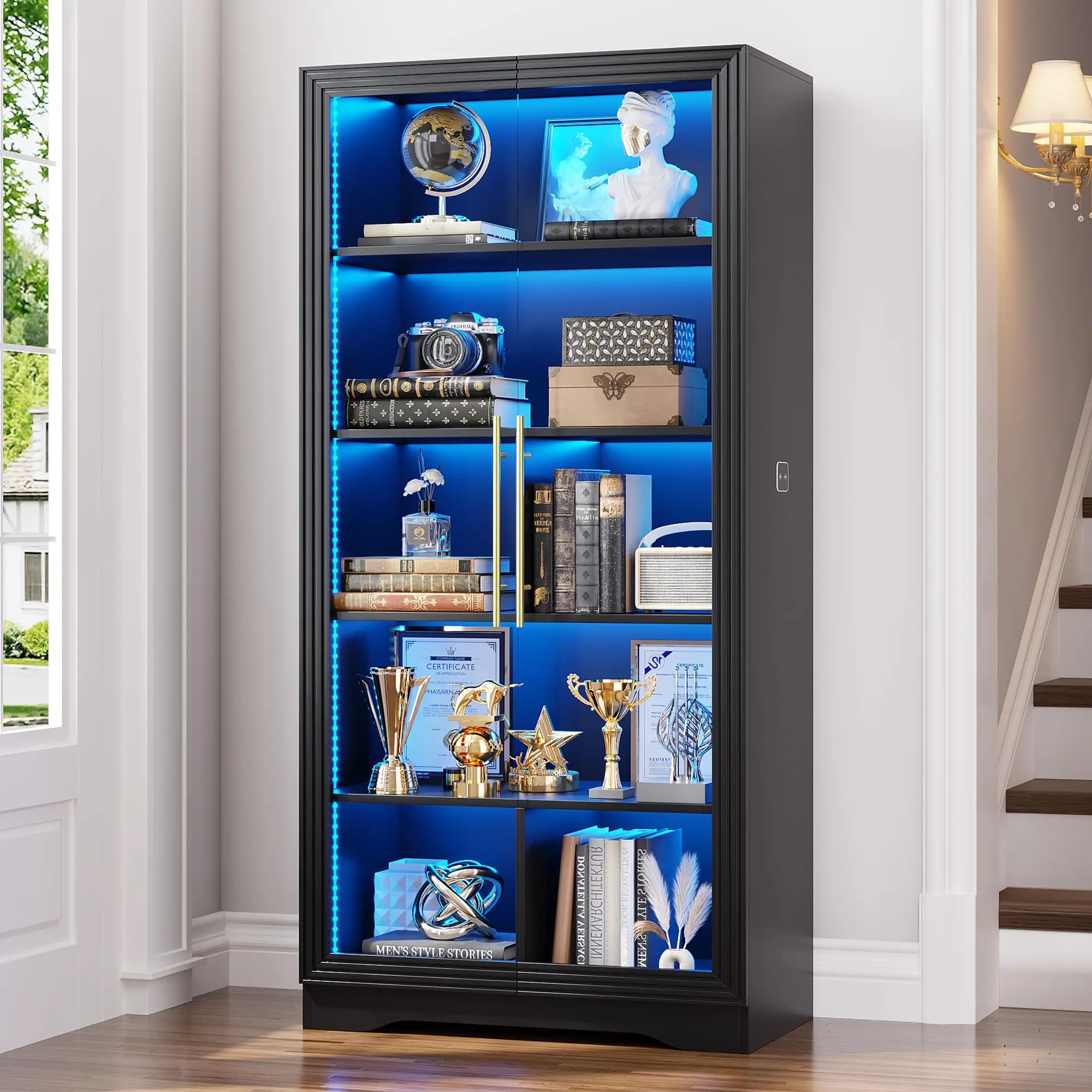 Bookcase with Glass Doors and LED Light, Home Office Bookshelf Black