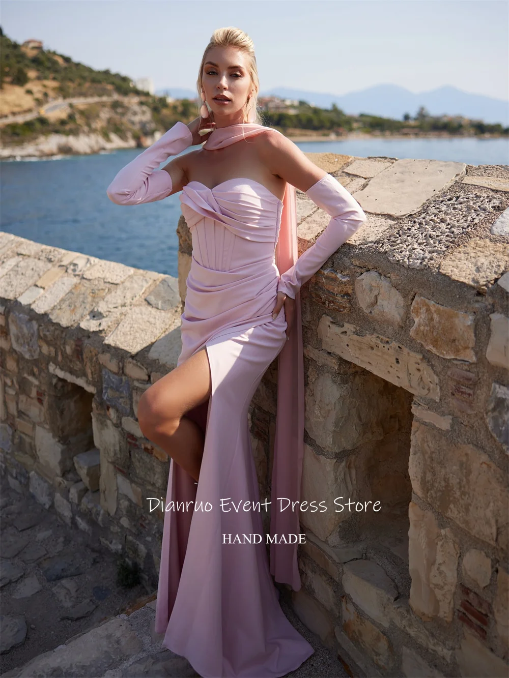 Dianruo فساتين سهرة بحورية البحر باللون الوردي من الساتان بفتحة عالية مناسبة مخصصة فساتين سهرة طويلة أنيقة بأشرطة فساتين حفلات مخصصة