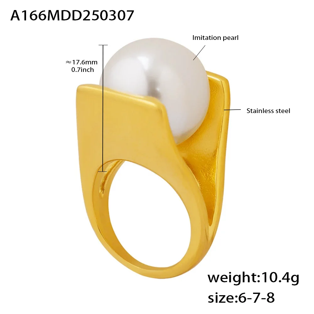 eye-catcher 316L Stainless Steel Ring Y Shaped Big Imitation Pearl Rings For Women Exaggerated Charm Luxury Jewelry Wholesale