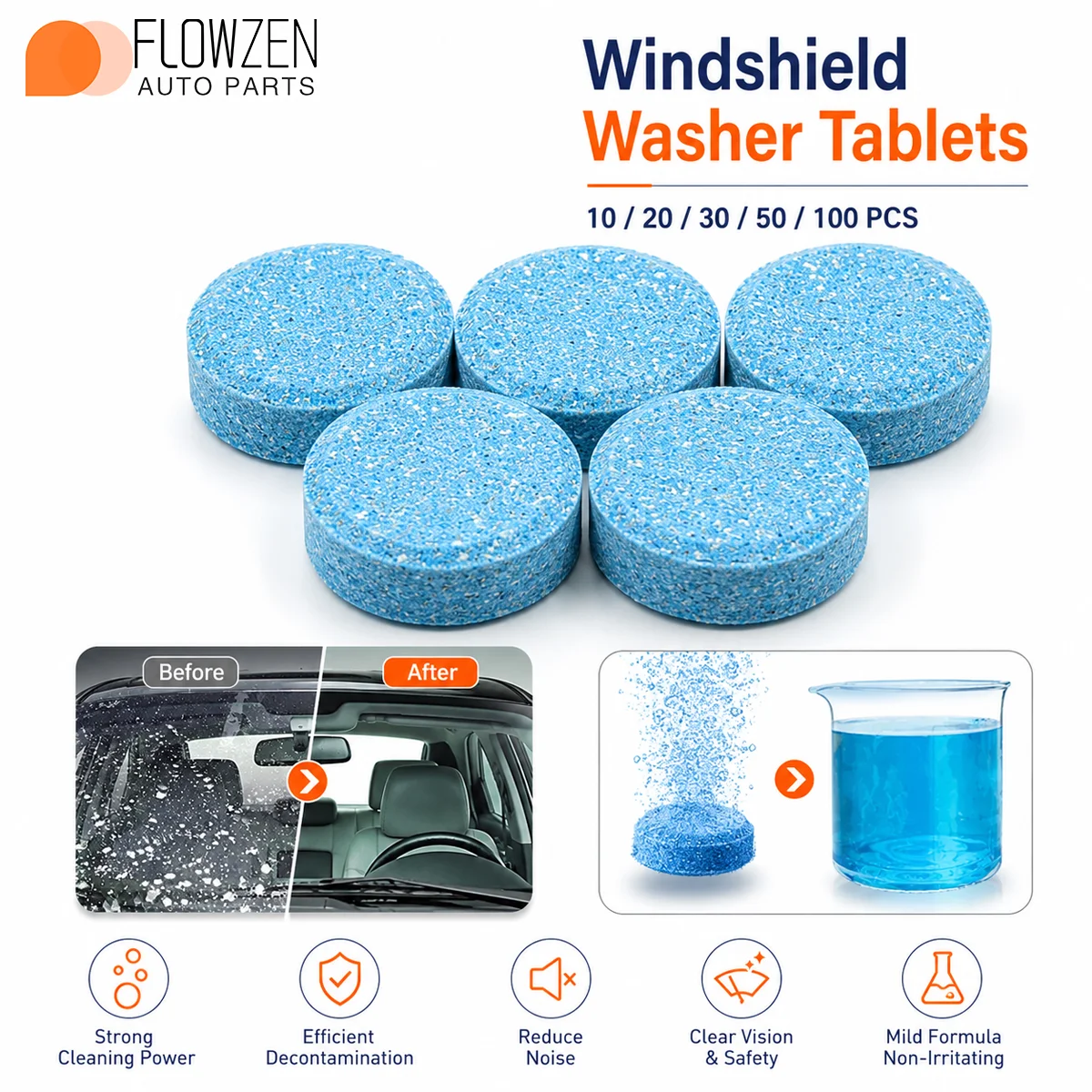10/20/30/50/100pcs Windshield Cleaner Effervescent Tablets Car Glass Cleaning Tablets Concentrated Tablets Quickly Dissolve