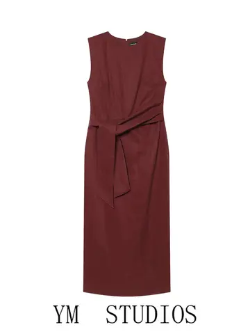 Elegant Long Dress Women's round Neck Sleeveless Wine Red  Belt Slimming Dress High Waist Design Polyester Fiber