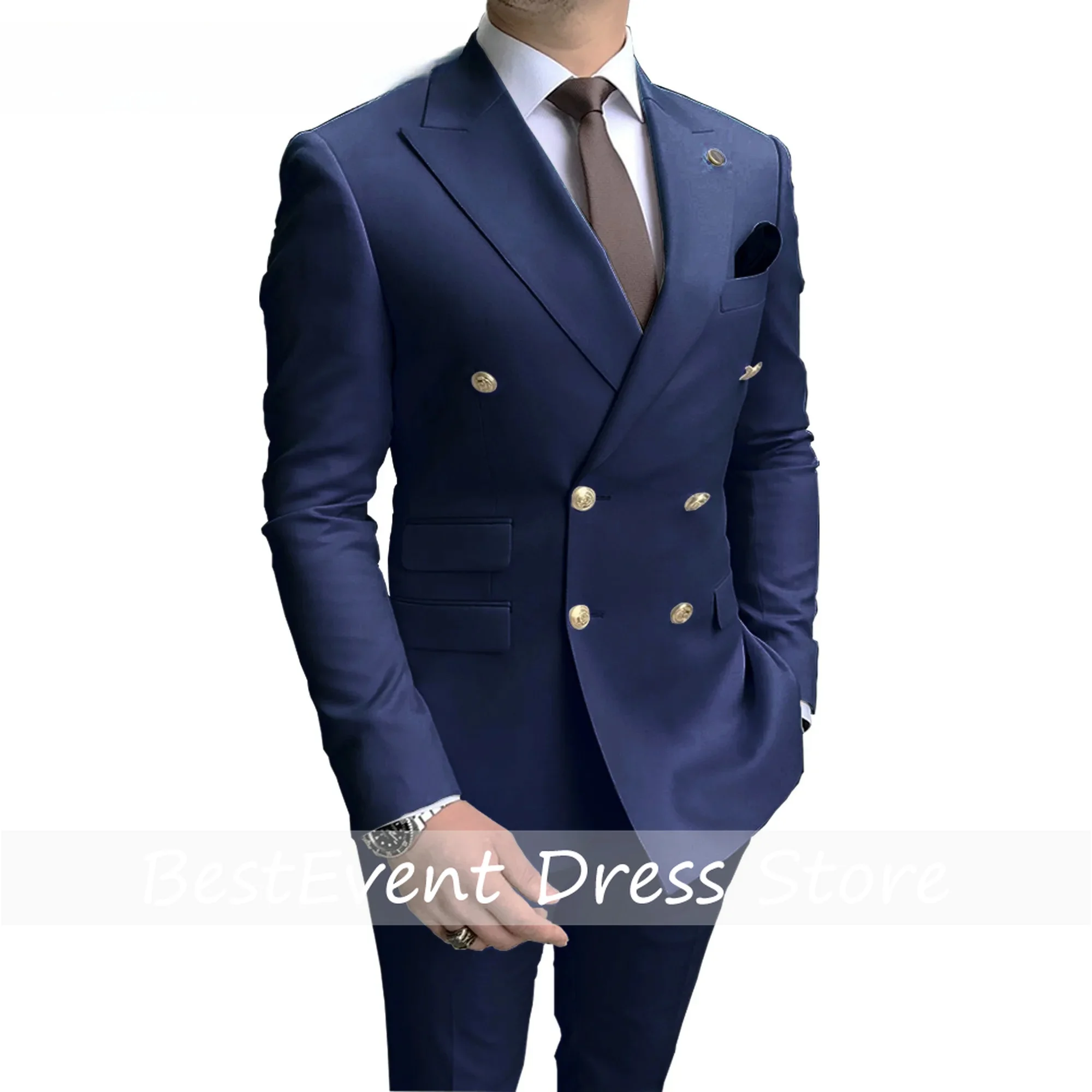 Store Navy Men Party Tuxedos 2 Pieces Latest Peak Lapel Men Suits Gold Buttons Fashion Style Suits Double Breasted Customized