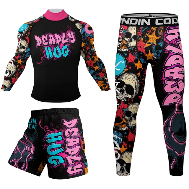Cody Lundin nowe wzory dostosowane krótkie rękawy poliester rozciągliwe spodenki Rash Guards zestawy MMA BJJ z gumowym paskiem